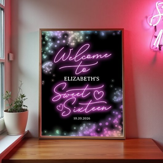 Sweet 16 Birthday Colorful Neon Glow Welcome Sign Poster