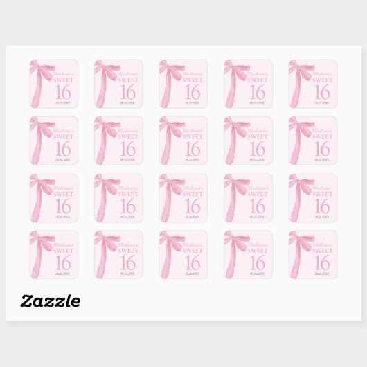 Sweet 16 Birthday Coquette Pink Bow Personalized  Vierkante Sticker (Vel)