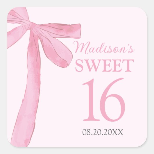 Sweet 16 Birthday Coquette Pink Bow Personalized  Vierkante Sticker (Voorkant)