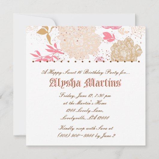 Sweet 16 Birthday Cottcore Floral Pink White Kaart (Achterkant)