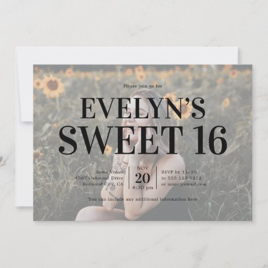 Sweet 16 Birthday Elegant 5 foto uitnodiging (Voorkant)