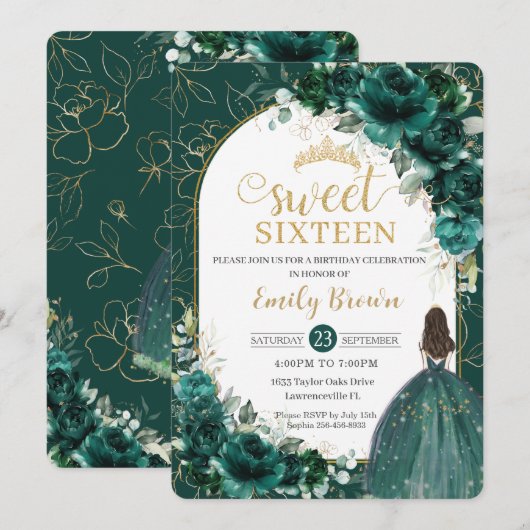 Sweet 16 Birthday Emerald Green Floral Princess Kaart (Voorkant / Achterkant)