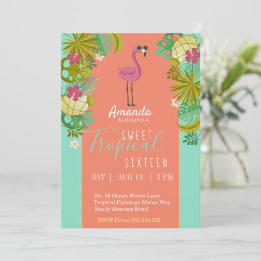 Sweet 16 Birthday Flamingo Luau Palm Tree Beach Kaart (Staand voorkant)