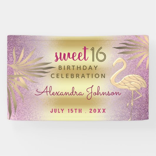 Sweet 16 Birthday Flamingo Pink and Gold Spandoek (Horizontaal)