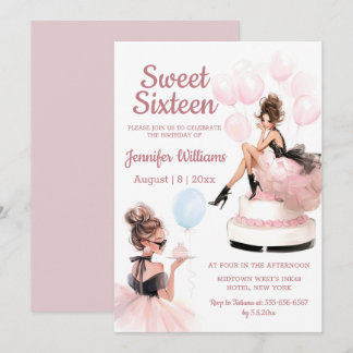 sweet 16 birthday girl pink party invitation  notitiekaartje
