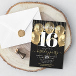 Sweet 16 Birthday Girly Glam Gold Balloon op Black Kaart<br><div class="desc">"Happy Sweet 16". Verstuur deze verbluffende, eenvoudige, feestelijke, moderne, gepersonaliseerde partijuitnodiging voor een evenement dat je moet onthouden. Vette, grafische, witte typografie en gouden handgeschreven script bedekken gouden ballonnen en gouden dunne snaarlampen op een geavanceerde, zwarte achtergrond. Pas de douanetekst met de naam van uw dochter evenals andere partijdetails aan....</div>