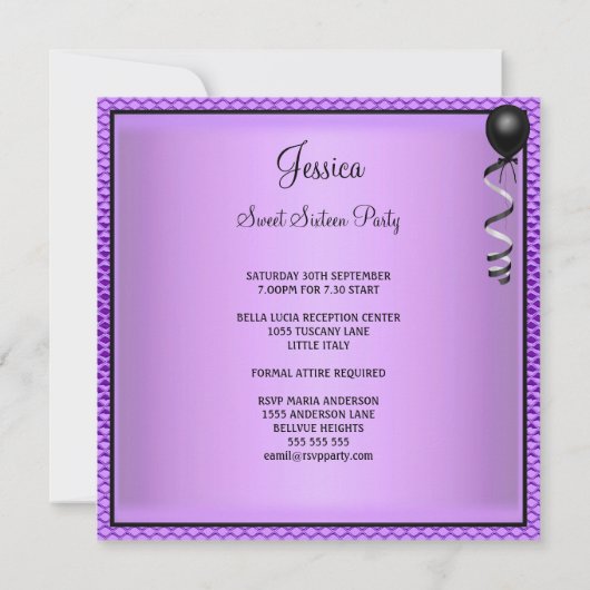 Sweet 16 Birthday Glam Paars Glitter Black Bow 2 Kaart (Achterkant)