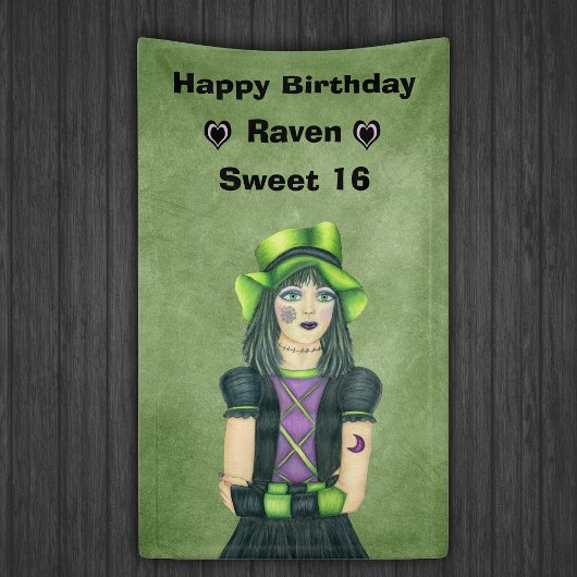 Sweet 16 Birthday Goth Girl Tattoos on Green Spandoek