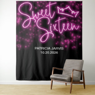 Sweet 16 Birthday Hot Pink Neon Glow-achtergrondve Wandkleed