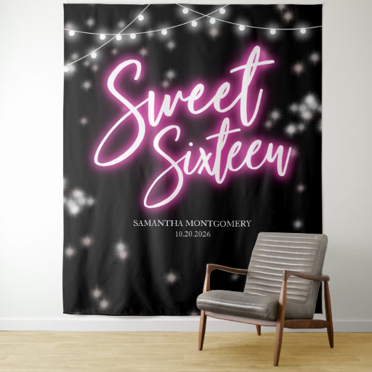 Sweet 16 Birthday Hot Pink Neon Glow Dark Backdrop Wandkleed (In situ)