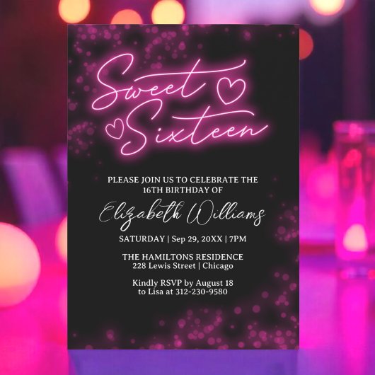 Sweet 16 Birthday Hot Pink Neon Glow Dark Party Kaart