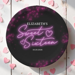 Sweet 16 Birthday Hot Pink Neon Glow Dark Party Papieren Bordje