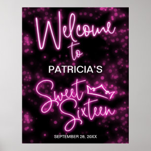 Sweet 16 Birthday Hot Pink Neon Glow Welkomstbord Poster