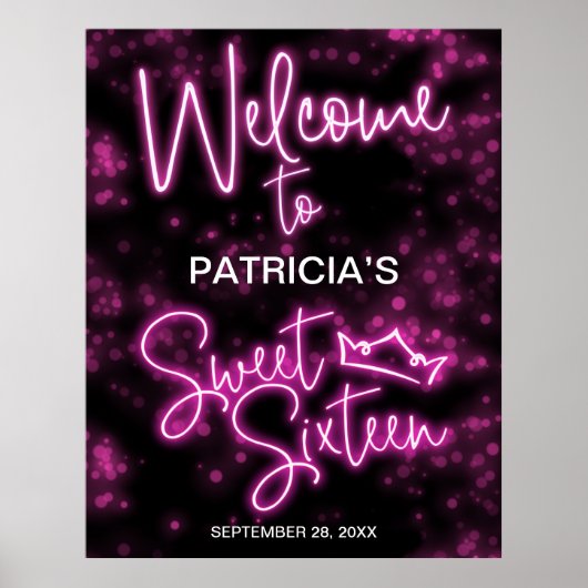 Sweet 16 Birthday Hot Pink Neon Glow Welkomstbord Poster (Voorkant)