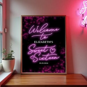 Sweet 16 Birthday Hot Pink Neon Glow Welkomstbord Poster