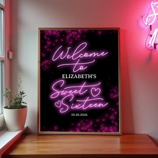 Sweet 16 Birthday Hot Pink Neon Glow Welkomstbord Poster