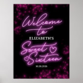 Sweet 16 Birthday Hot Pink Neon Glow Welkomstbord Poster (Voorkant)