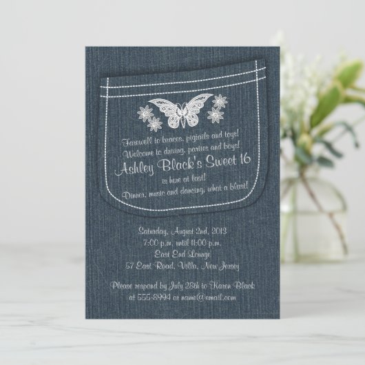 Sweet 16 Birthday Invite | Borduurde denim Kaart (Staand voorkant)