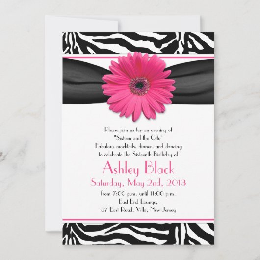 Sweet 16 Birthday Invite | Daisy Zebra Print Kaart (Voorkant)