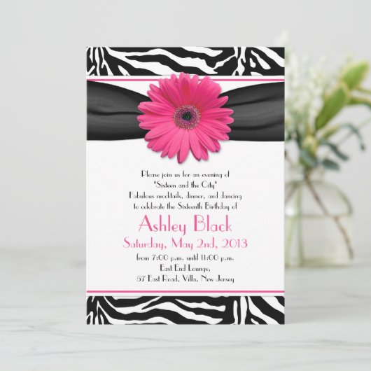 Sweet 16 Birthday Invite | Daisy Zebra Print Kaart (Staand voorkant)