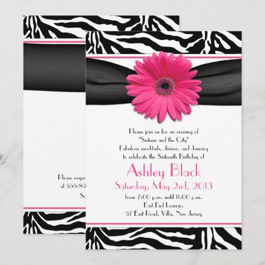 Sweet 16 Birthday Invite | Daisy Zebra Print Kaart (Voorkant / Achterkant)