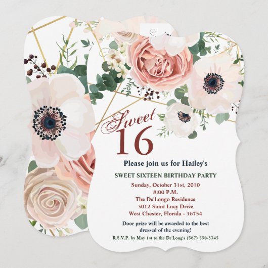 Sweet 16 Birthday Invite Geometric Garden Roos Ane Kaart (Voorkant / Achterkant)