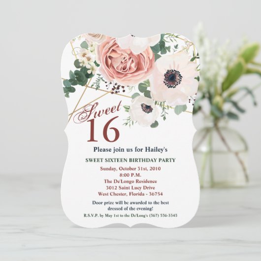 Sweet 16 Birthday Invite Geometric Garden Roos Ane Kaart (Staand voorkant)