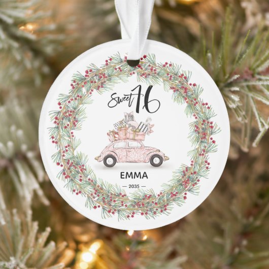 Sweet 16 Birthday Keepsake Pink Car Ornament (Boom)