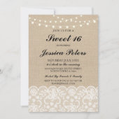 Sweet 16 Birthday Lights Rustic Burlap Lace Invite Kaart (Voorkant)