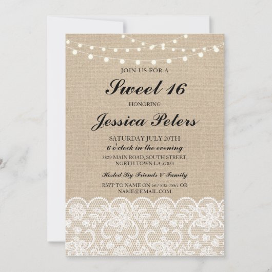 Sweet 16 Birthday Lights Rustic Burlap Lace Invite Kaart (Voorkant)