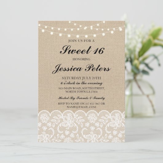 Sweet 16 Birthday Lights Rustic Burlap Lace Invite Kaart (Staand voorkant)