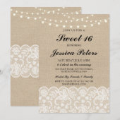 Sweet 16 Birthday Lights Rustic Burlap Lace Invite Kaart (Voorkant / Achterkant)