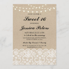 Sweet 16 Birthday Lights Rustic Burlap Lace Invite Kaart