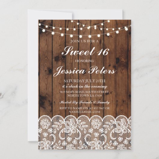 Sweet 16 Birthday Lights Rustic Wood Lace Invite Kaart (Voorkant)
