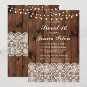 Sweet 16 Birthday Lights Rustic Wood Lace Invite Kaart (Voorkant / Achterkant)