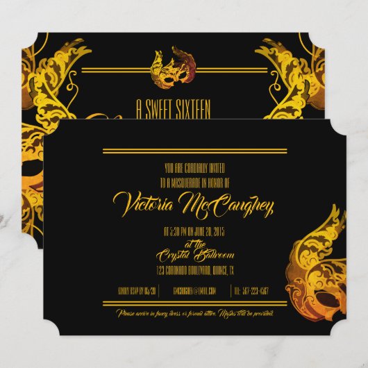 Sweet 16 BIRTHDAY MASQUERADE Gold Ticket Kaart (Voorkant / Achterkant)