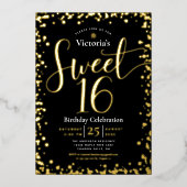Sweet 16 Birthday Modern Girly Black Real Gold Folie Uitnodiging (Voorkant)