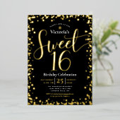 Sweet 16 Birthday Modern Girly Black Real Gold Folie Uitnodiging (Staand Voorkant)