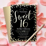 Sweet 16 Birthday Modern Girly Black Real Gold Folie Uitnodiging<br><div class="desc">"Happy Sweet 16". Verstuur deze verbluffende, dunne, dunne, feestelijke, moderne, persoonlijke partijuitnodiging voor een evenement om het te herinneren. Real Gold foil script typografie en confetti bedekken een zwarte achtergrond. Op de achterkant staat een bruuste faux goudfolie. Pas de douanetekst met de naam van uw dochter evenals andere partijdetails aan....</div>