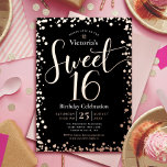Sweet 16 Birthday Modern Glam Black Real Roos Gold Folie Uitnodiging<br><div class="desc">"Happy Sweet 16". Verstuur deze verbluffende, dunne, dunne, feestelijke, moderne, persoonlijke partijuitnodiging voor een evenement om het te herinneren. Real roos gold foil script typografie en confetti bedekking een zwarte achtergrond. Op de achterkant staat een bruusvormige roos gouden folie. Pas de douanetekst met de naam van uw dochter evenals andere...</div>