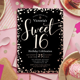 Sweet 16 Birthday Modern Glam Black Real Roos Gold Folie Uitnodiging