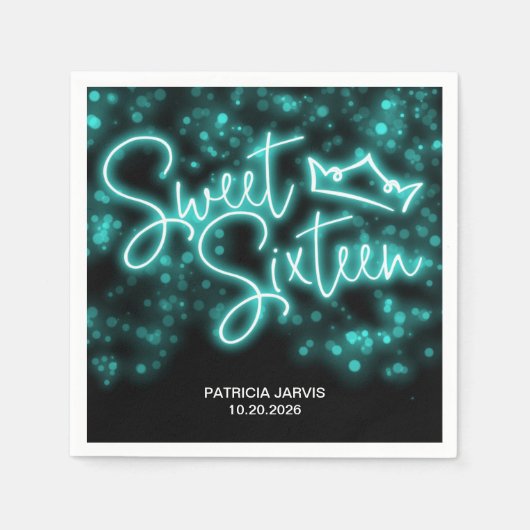 Sweet 16 Birthday Neon Blauwgroen Neon Glow Dark P Servet (Voorkant)