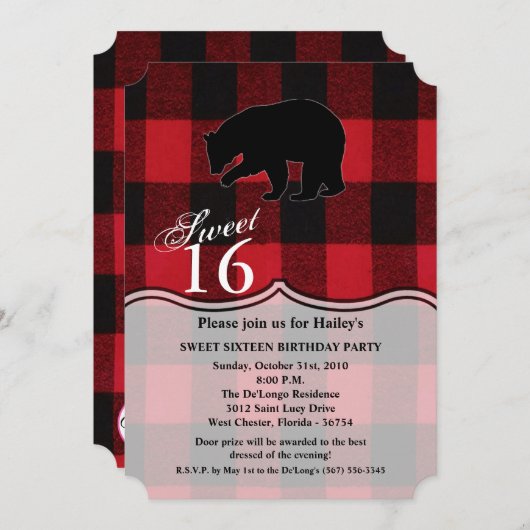 Sweet 16 Birthday Nodig Red Buffalo Plaid Beer uit Kaart (Voorkant / Achterkant)