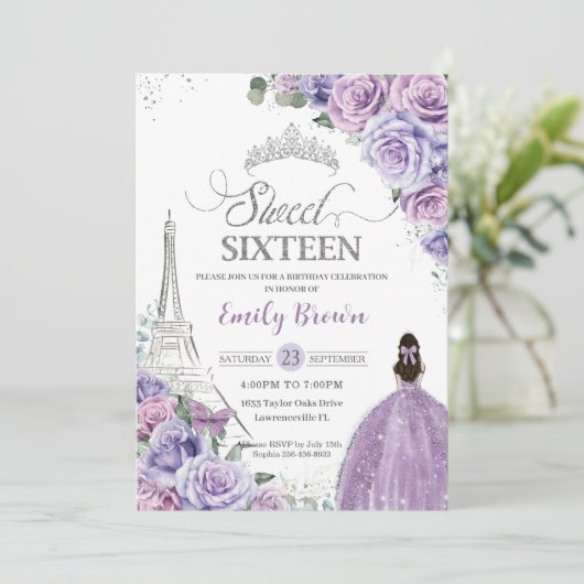 Sweet 16 Birthday Paars Floral Paris Eiffeltoren Kaart (Staand voorkant)