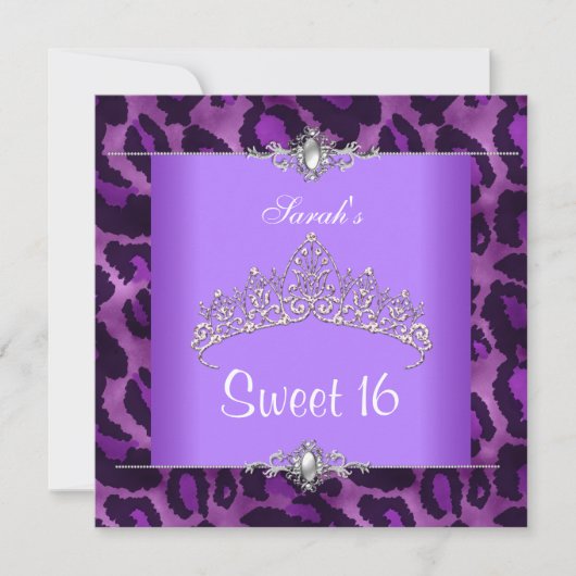 Sweet 16 Birthday Paars Leopard Silver Tiara 2 Kaart (Voorkant)