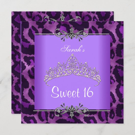 Sweet 16 Birthday Paars Leopard Silver Tiara Kaart (Voorkant / Achterkant)