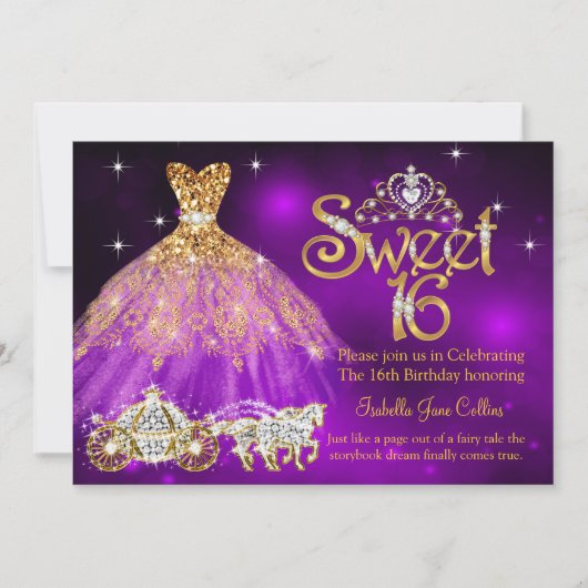 Sweet 16 Birthday Paarse Dress Tiara Carriage Kaart (Voorkant)