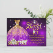 Sweet 16 Birthday Paarse Dress Tiara Carriage Kaart (Staand voorkant)