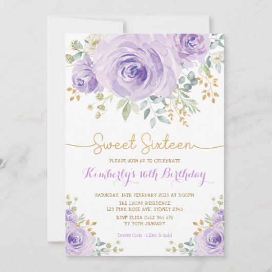 Sweet 16 Birthday Paarse Gouden Bloem Sweet Sixtee Kaart (Voorkant)