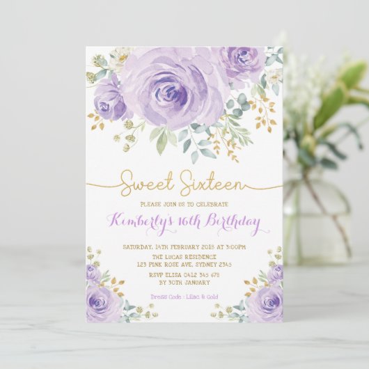 Sweet 16 Birthday Paarse Gouden Bloem Sweet Sixtee Kaart (Staand voorkant)
